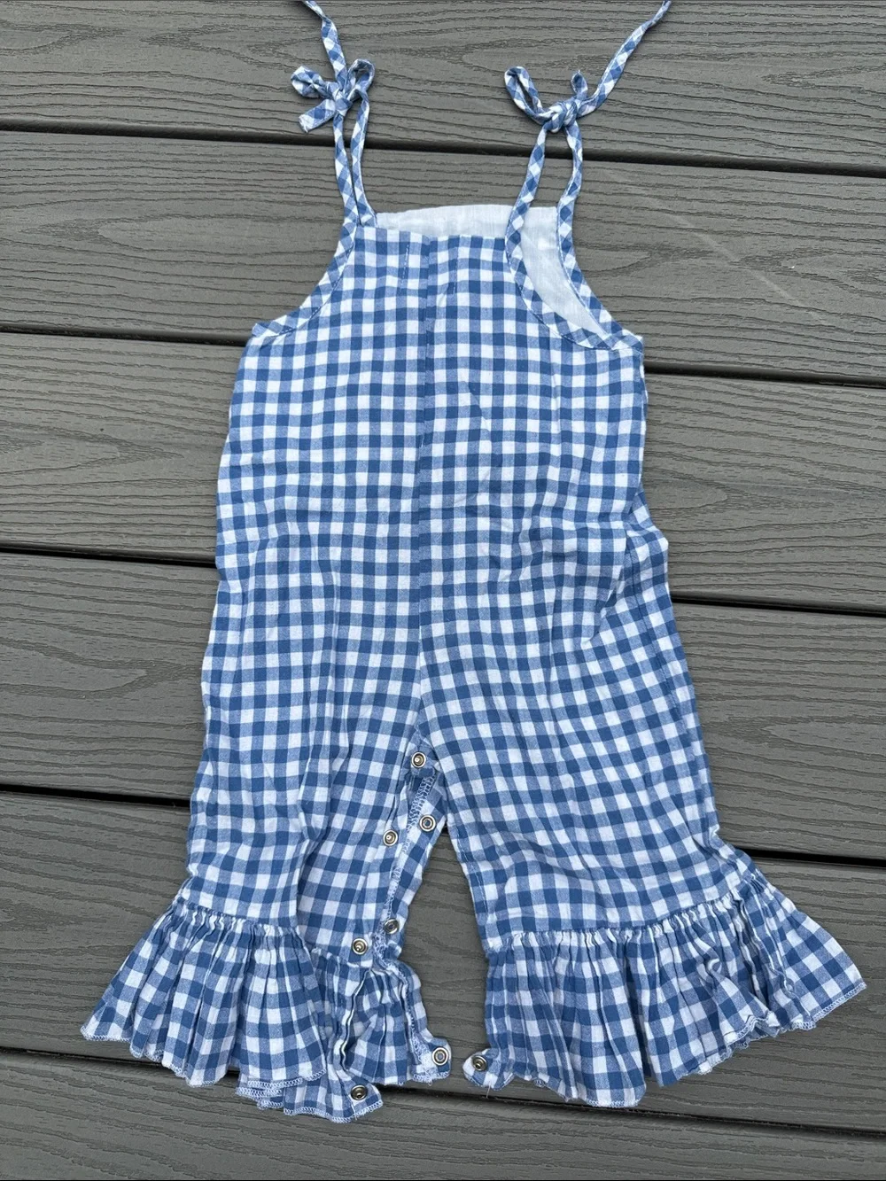 Mud Pie Blue Gingham Ruffle Strap Romper with Red Crab Applique
